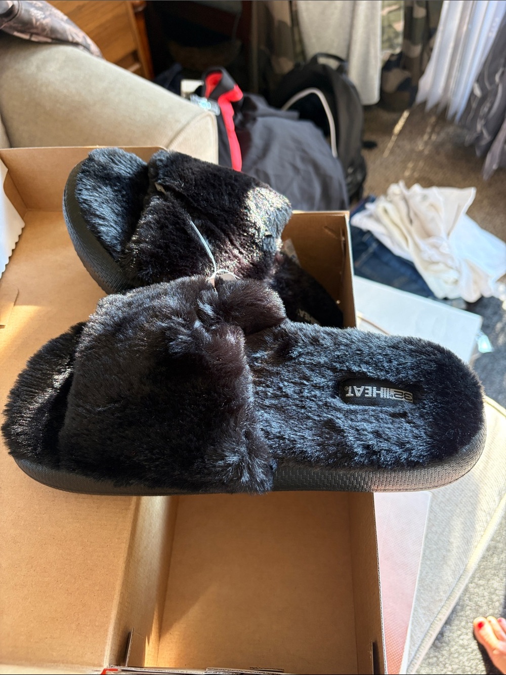 32 Degrees Black Faux Fur Slide Slippers for Women